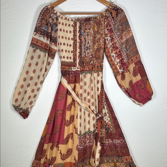 Boho Flowing Cottagecore Patchwork Maxi Dress in Cream, Rust & Gold - Picture 2 of 8